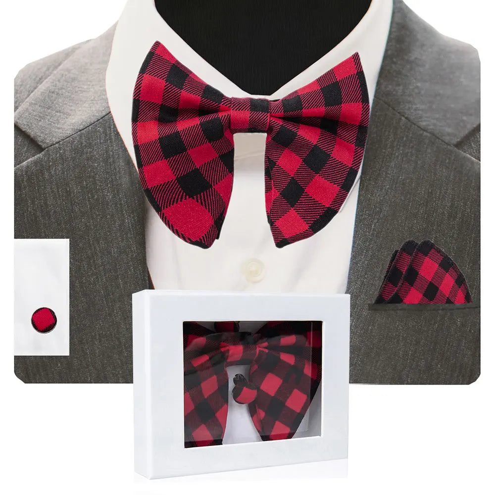 GUSLESON Velvet Big Bow Tie Men's Bowties Pocket Square Cufflinks Set with Gift Box Solid Red Yellow Necktie For Man Wedding