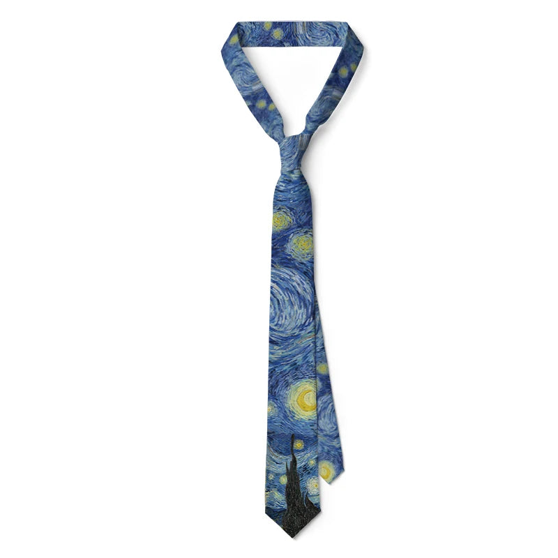 New Van Gogh Oil Painting Tie For Men Star Moon Night Retro Fun 8cm Wide Slim Necktie Accessories Daily Wear Wedding Party Gift