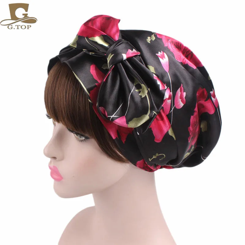 New Women silky satin night sleeping cap head wrap Bowknot Turban Pre Tied Fitted Bandana Chemo cap Nightcap hair loss patients