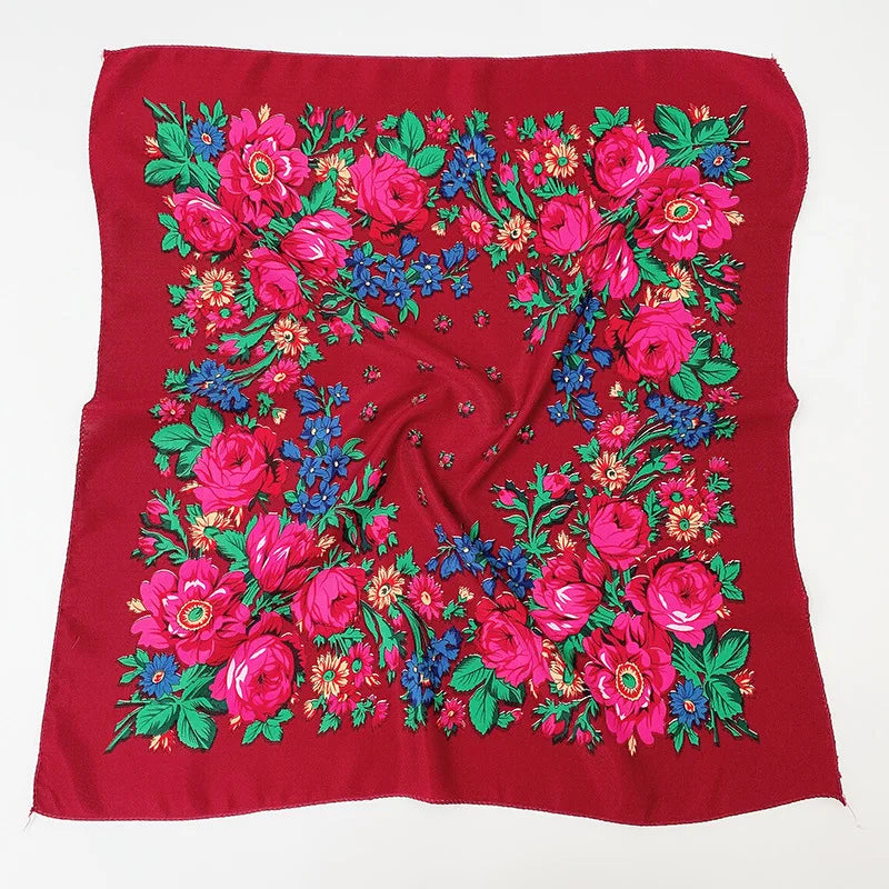 70*70cm Luxury Flowers Square Russian Scarf Women Floral Printed Shawl Female Bandana Head Wrap Headband Scarves Handkerchief