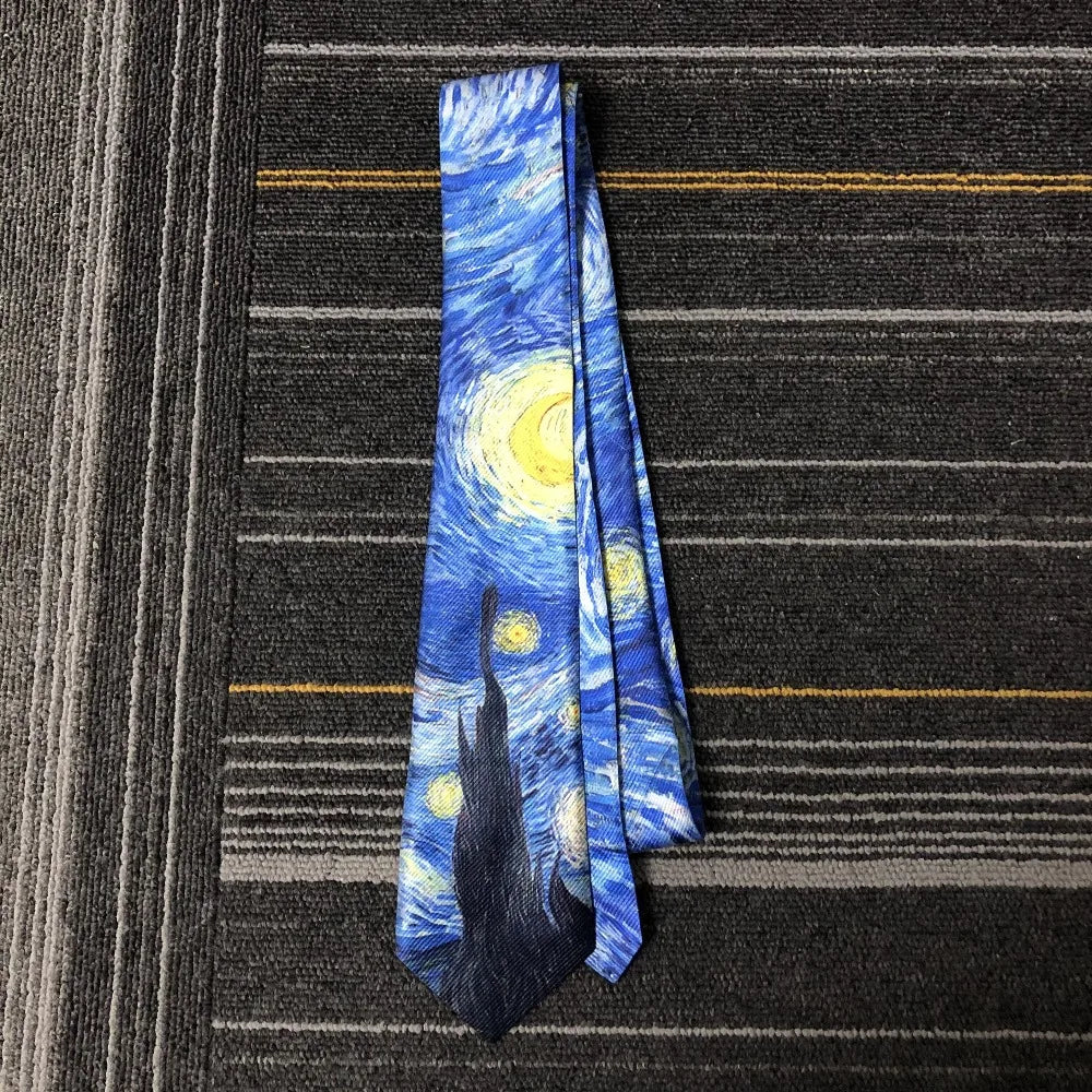 New Van Gogh Oil Painting Tie For Men Star Moon Night Retro Fun 8cm Wide Slim Necktie Accessories Daily Wear Wedding Party Gift