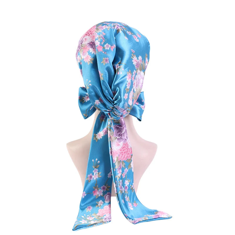 New Women silky satin night sleeping cap head wrap Bowknot Turban Pre Tied Fitted Bandana Chemo cap Nightcap hair loss patients