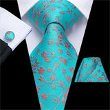 Hi-Tie Luxury Floral Paisley Ties for Men Male Desigenr Red Green Snow Ties for Christmas Adult Silk Tie Hanky Cufflinks Tie Set