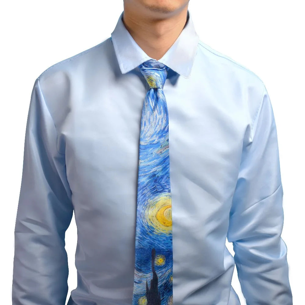 New Van Gogh Oil Painting Tie For Men Star Moon Night Retro Fun 8cm Wide Slim Necktie Accessories Daily Wear Wedding Party Gift