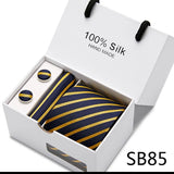 Brand 100% Silk Ties Gift box Office  Men Classic Party Wedding striped 7.5cm Silk Wedding  Floral Tie Necktie Handkerchief Set