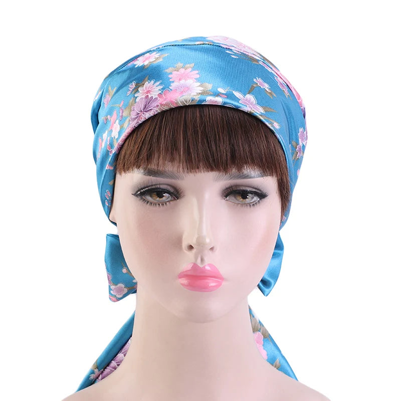 New Women silky satin night sleeping cap head wrap Bowknot Turban Pre Tied Fitted Bandana Chemo cap Nightcap hair loss patients