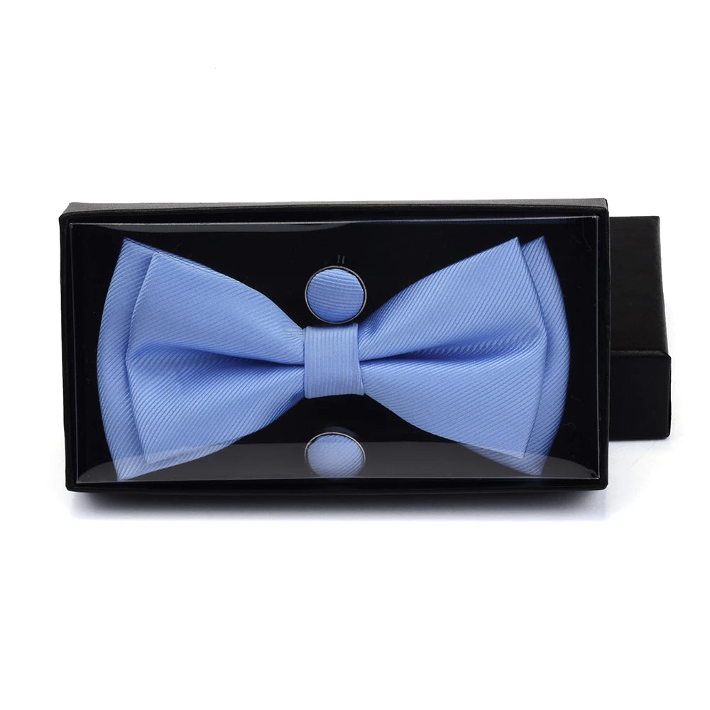 Solid Bow Tie Set Different Size Up and Down Men's Plain Bowtie Handkerchief Cufflinks Gift Box Set For Men Wedding Fashion Ties