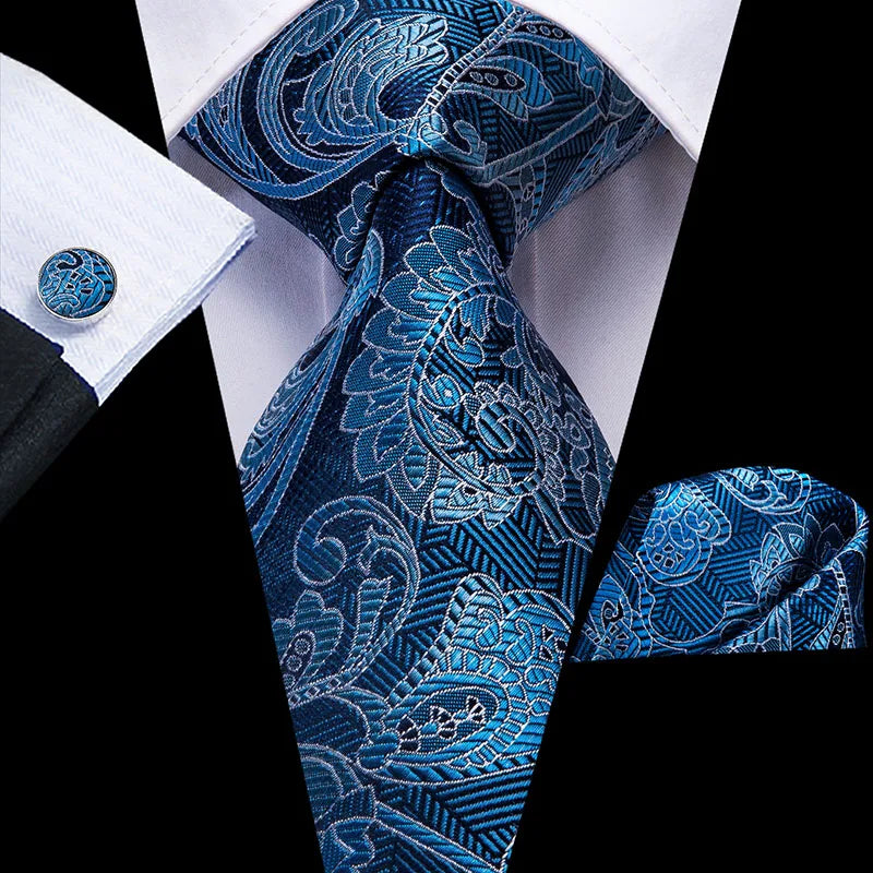 Hi-Tie Luxury Floral Paisley Ties for Men Male Desigenr Red Green Snow Ties for Christmas Adult Silk Tie Hanky Cufflinks Tie Set