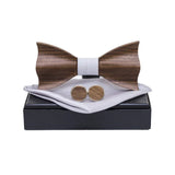 Wooden Bow Tie Handkerchief Cufflinks Set Men's Plaid Bowtie Wood Hollow carved cut out design with Gift Box Fashion Novelty tie