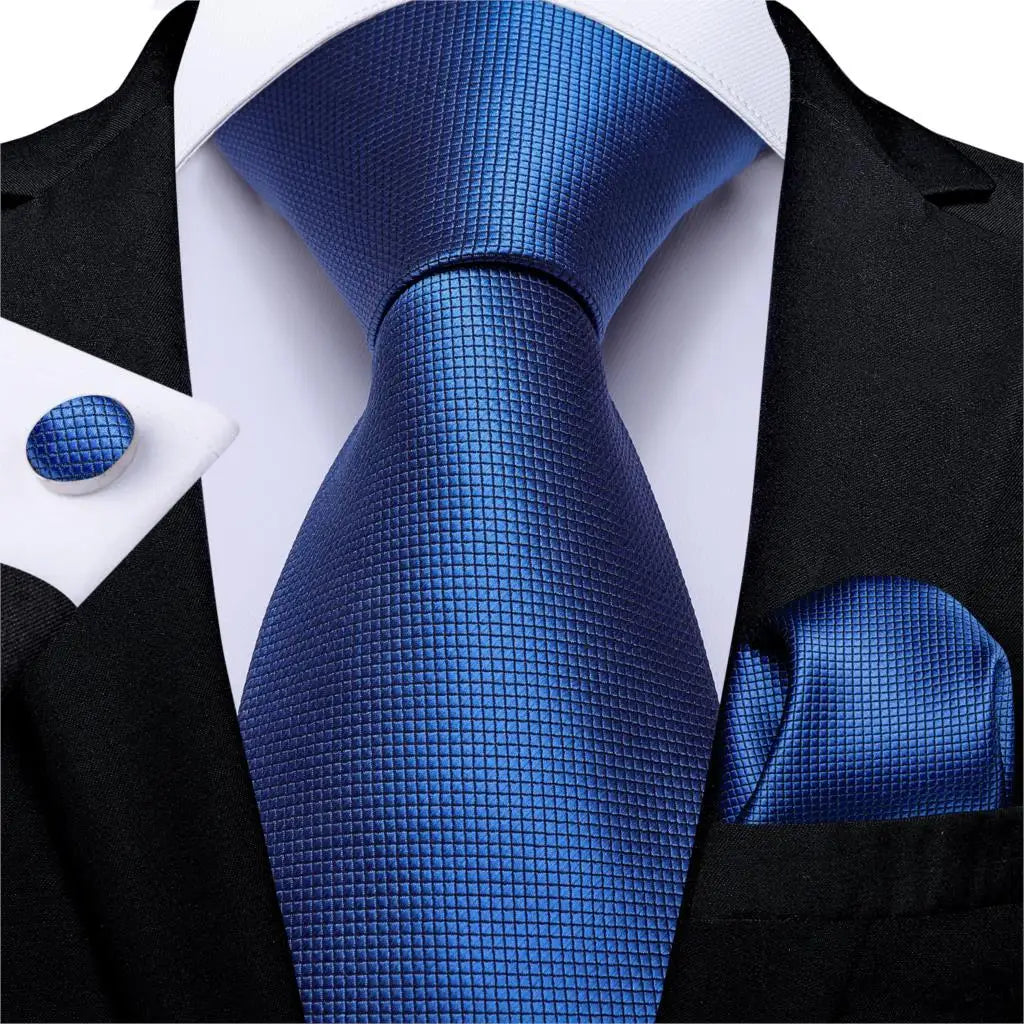 DiBanGu Blue Striped Silk Mens Wedding Ties With Hanky Cufflinks Set Jacquare Woven Neck Ties Set For Men Necktie Fashion