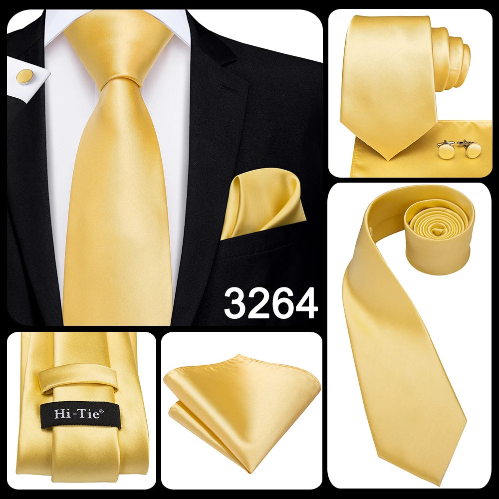 Hi-Tie Solid Gold Yellow Silk Ties For Men Handky Cufflinks Set Fashion Gift For Men's Tie Wedding Business Necktie