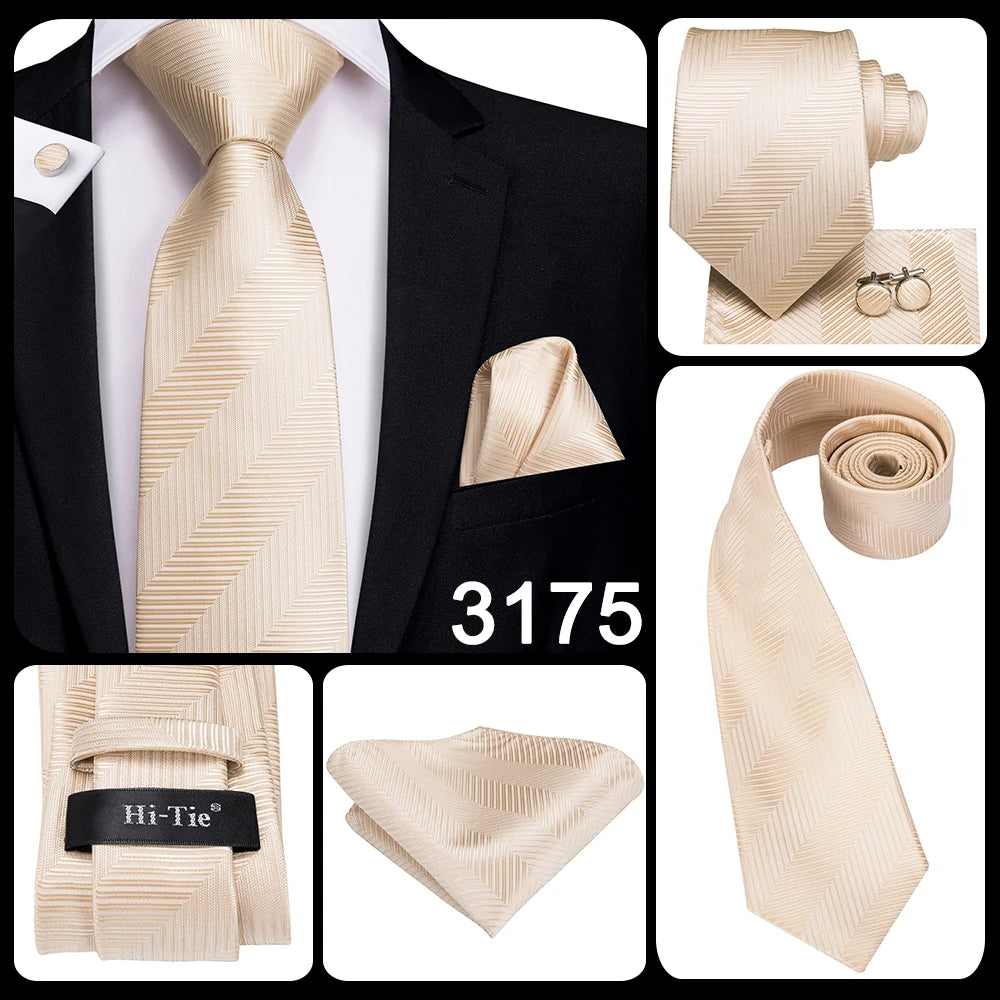 Hi-Tie Solid Champagne Ivory Floral Design Silk Wedding Tie For Men Quality Hanky Cufflink Fashion Nicktie Business Dropshipping