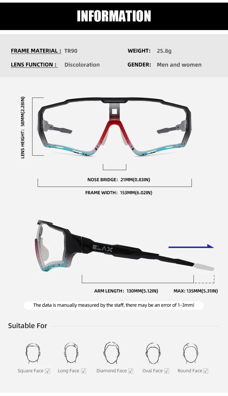 ELAX Brand New Style Photochromic Sunglasses Sports Men Women Mtb Bike Bicycle Eyewear Cycling Glasses