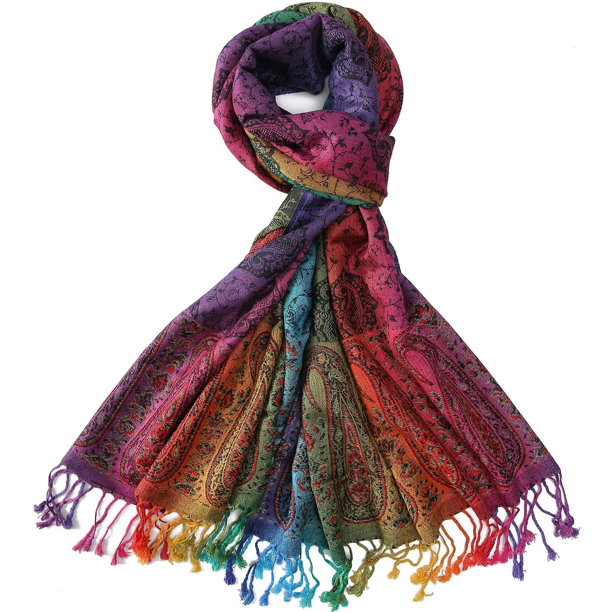 Colourful Paisley Pashmina Silk Scarf Shawl Stole Headscarf Neck Wear Woven Jacquard For Lady Women With Tassel 70x180cm 200g