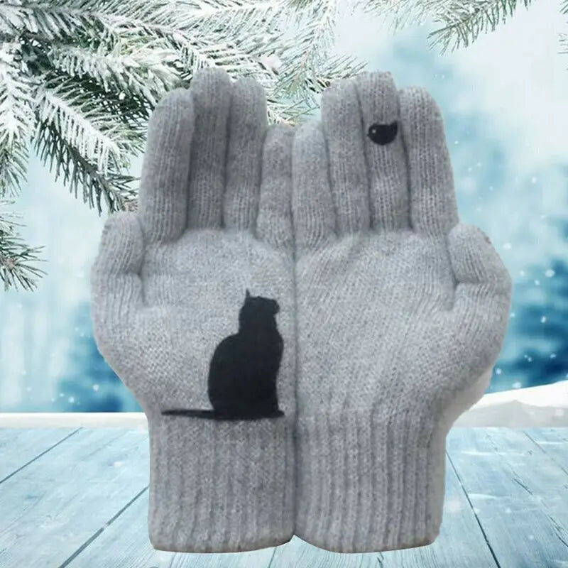 Winter Gloves for Men Women Teens Cute Cat and Bird Printed Thermal Knitted Gloves, Windproof Winter Warm Mittens Glove Soft