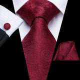 Hi-Tie Mens Gift Tie Set Red Wine Burgundy Paisley Silk Wedding Tie For Men Fashion Design Quality Hanky Cufflink Dropshipping