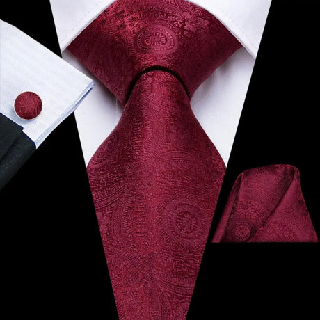 Hi-Tie Mens Gift Tie Set Red Wine Burgundy Paisley Silk Wedding Tie For Men Fashion Design Quality Hanky Cufflink Dropshipping