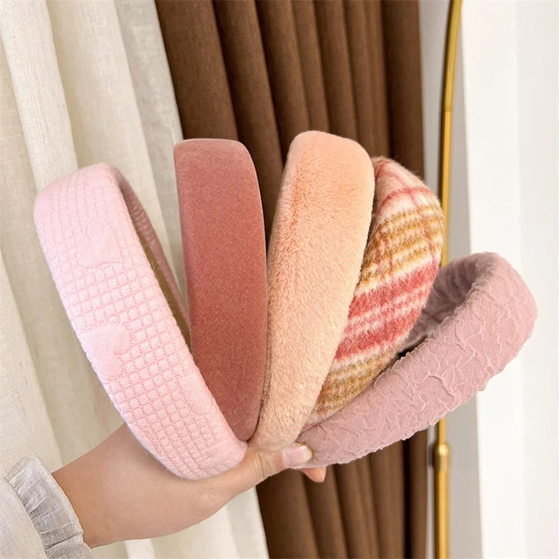 2022 Gentle Pink Womans Hairbands Girl Sweet Plush Wide Side Sponge Headband Hair Hoop Fashion Simple Solid Color Hair Accessory
