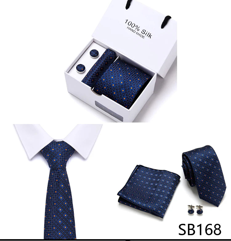 Brand 100% Silk Ties Gift box Office  Men Classic Party Wedding striped 7.5cm Silk Wedding  Floral Tie Necktie Handkerchief Set