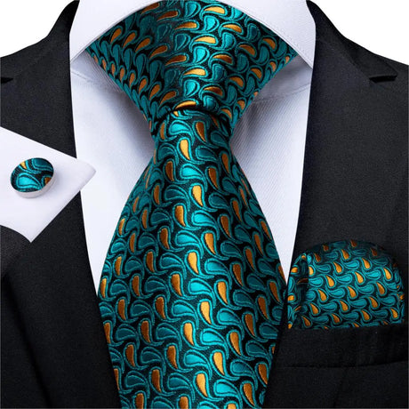 DiBanGu Green Teal Ties For Men Hanky Cufflinks Set 17 Styles Necktie For Male Business Wedding Party Mens Ties New Arrival Tie