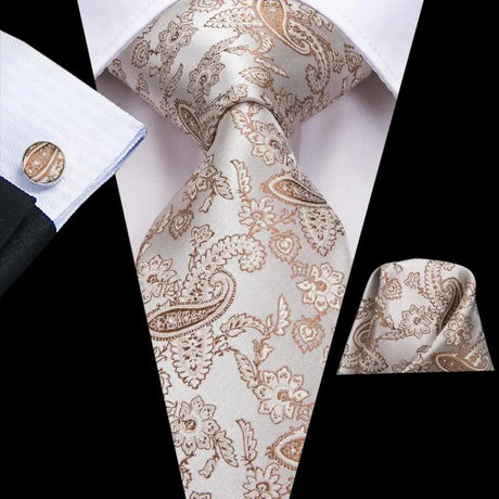 Hi-Tie Solid Champagne Ivory Floral Design Silk Wedding Tie For Men Quality Hanky Cufflink Fashion Nicktie Business Dropshipping