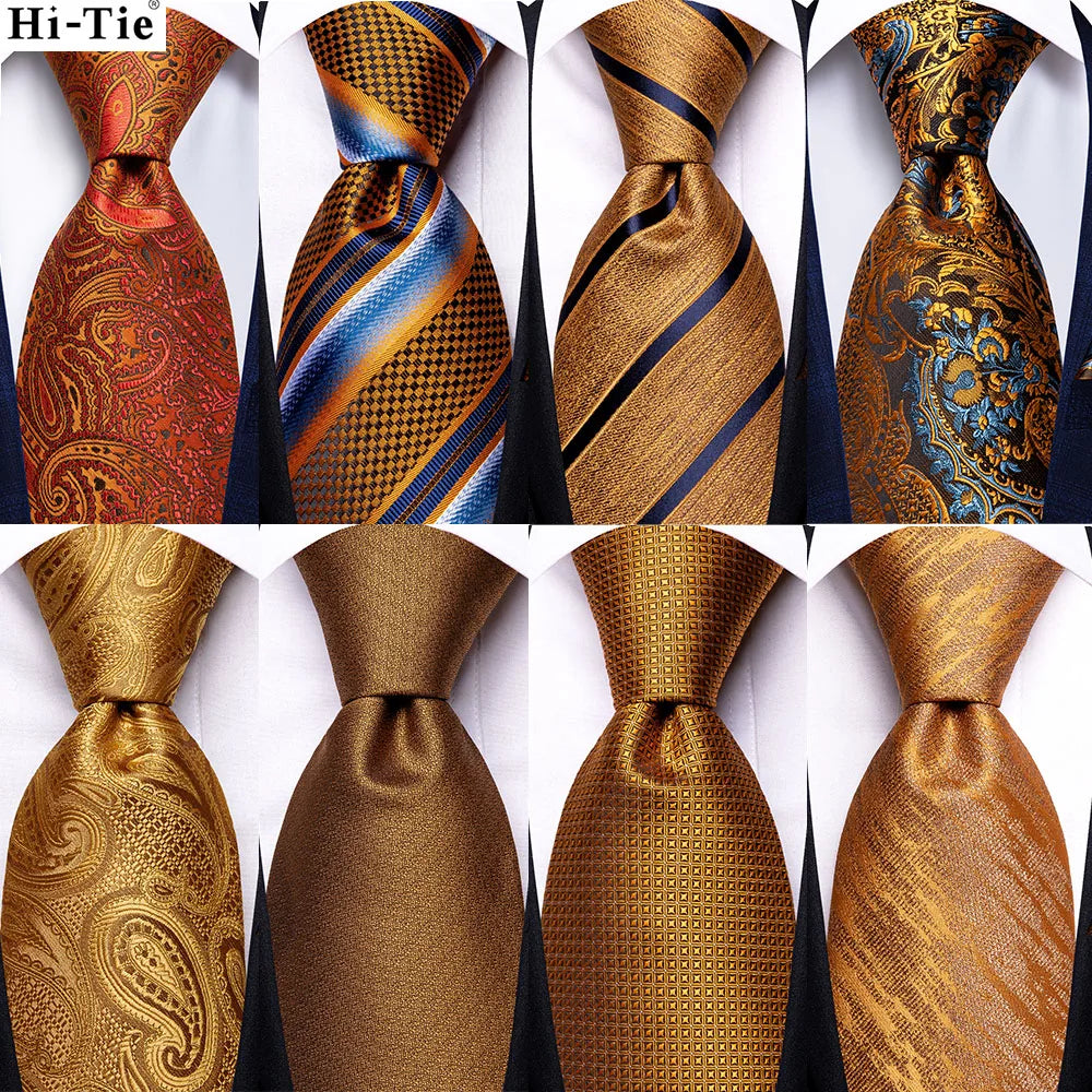 Hi-Tie Luxury Gold Orange Striped Paisley Silk Wedding Tie For Men Hanky Cufflink Gift Mens Necktie Business Party Dropshipping