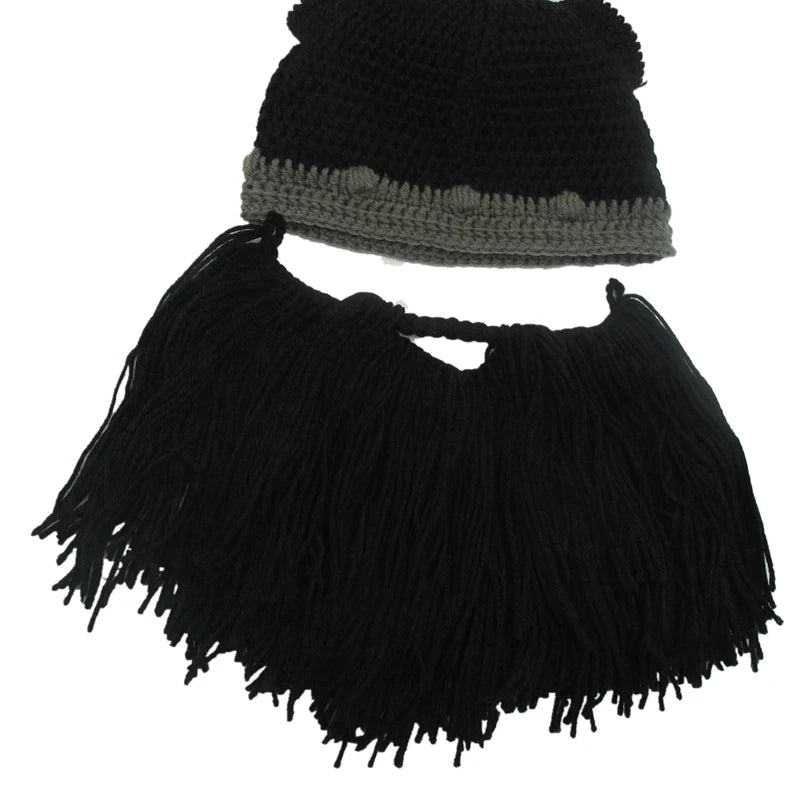 New Barbarian Viking Beanie Beard Horn Hat Handmade Knit Winter Warm Cap Men Women Birthday Cool Funny Gag Party Christmas