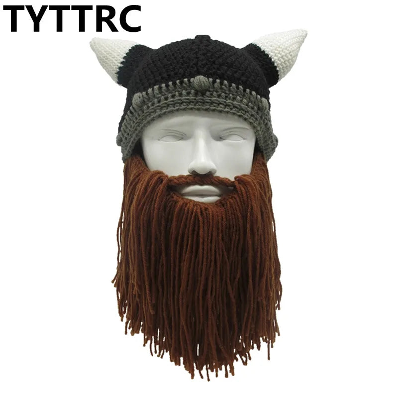 New Barbarian Viking Beanie Beard Horn Hat Handmade Knit Winter Warm Cap Men Women Birthday Cool Funny Gag Party Christmas