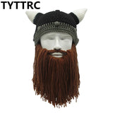 New Barbarian Viking Beanie Beard Horn Hat Handmade Knit Winter Warm Cap Men Women Birthday Cool Funny Gag Party Christmas