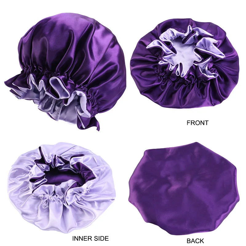Satin Bonnet  Sleeping Cap Double Color Ding Big Lace Nightcap Extra Large Round Cap Hair Care Hair Shower Caps