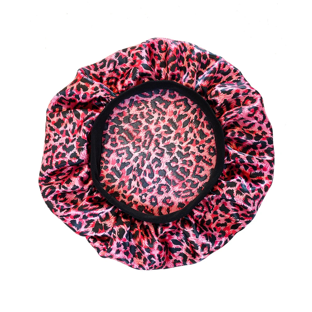 Leopard Print Satin Bonnet Cap Wide Rubber Band Nightcap Hair Care Hat
