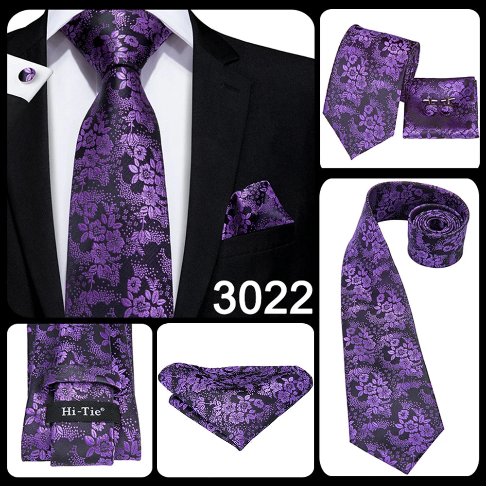 Hi-Tie Designer Purple Solid Paisley Silk Wedding Tie For Men Quality Hanky Cufflink Men Gift Necktie Set Fashion Dropshipping