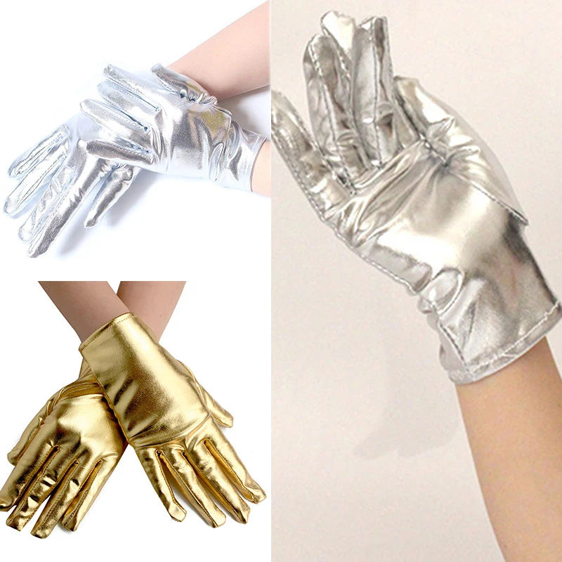 Unisex Gloves Sexy Etiquette Gloves Fake Leather Metallic Gloves Evening Party Performance Mittens Patent Leather Silver Gold