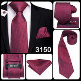 Hi-Tie Mens Gift Tie Set Red Wine Burgundy Paisley Silk Wedding Tie For Men Fashion Design Quality Hanky Cufflink Dropshipping