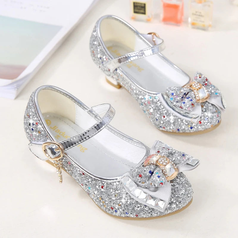 Princess Kids Leather Shoes for Girls Flower Casual Glitter Children High Heel Girls Shoes Butterfly Knot Blue Pink Silver
