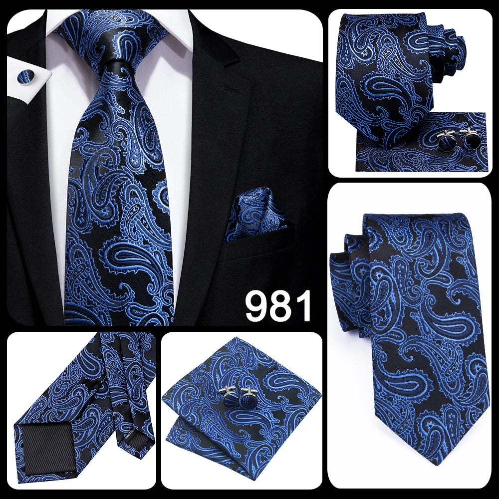 Hi-Tie Men's Tie Set Gold Paisley 100% Silk 8.5cm Wedding Ties For Men New Fashion Design Hanky Cufflinks Set Quality Necktie