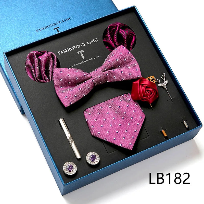 Holiday Gift Box Tie For Men 7.5 cmTie Hanky Pocket Squares Cufflink Set Bow Tie Clip Necktie Box Purple hombre Geometric Office