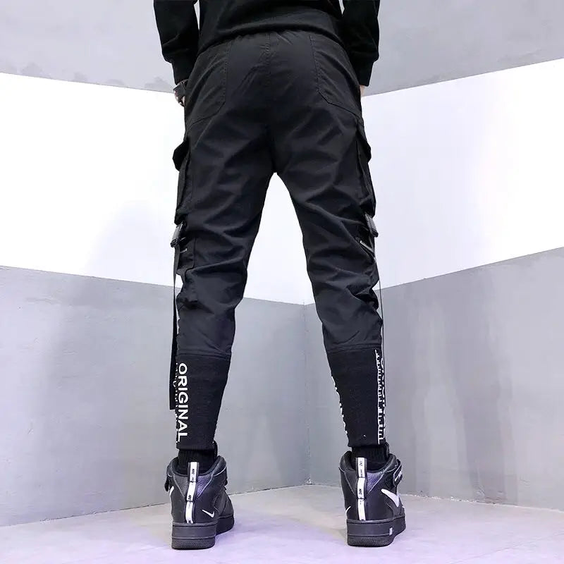 Hip Hop Men Ribbons Cargo Pants Fashion Harajuku 2023 New Elastic Waist Casual Streetwear Mens Joggers Trousers Black