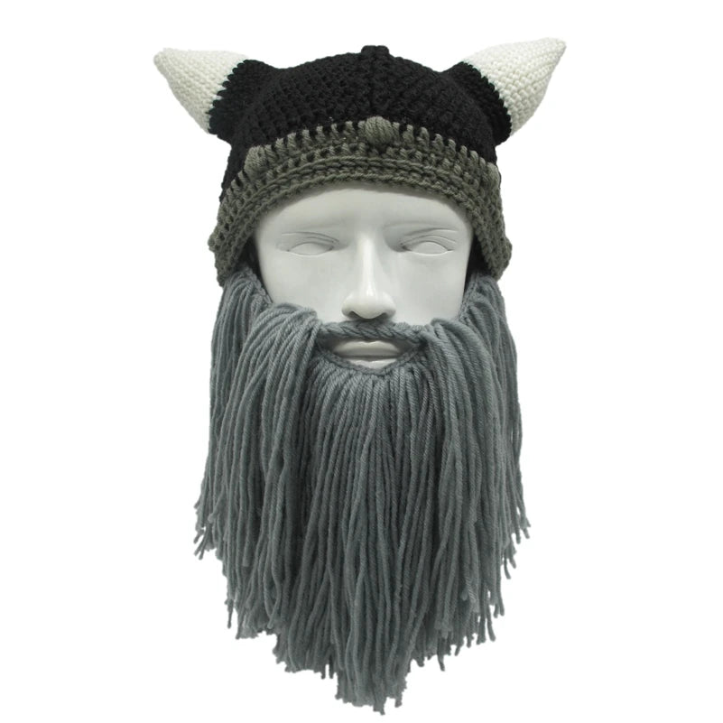 New Barbarian Viking Beanie Beard Horn Hat Handmade Knit Winter Warm Cap Men Women Birthday Cool Funny Gag Party Christmas