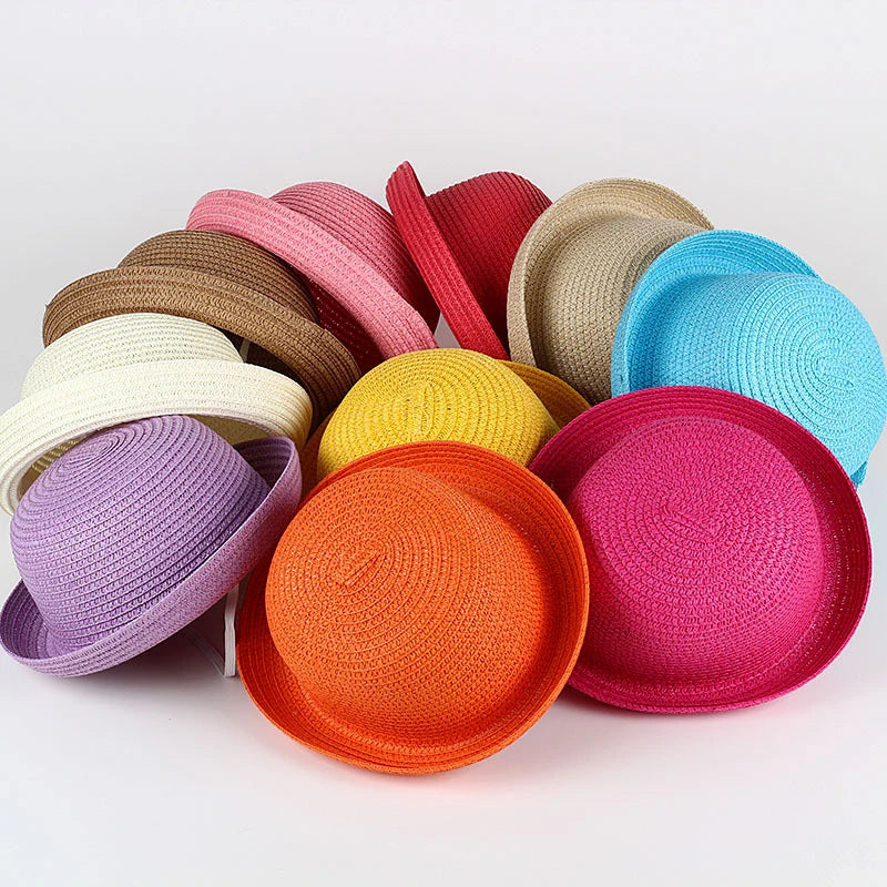 Wholesale Baby Straw Hat Solid Color Kids Character Decoration Infant Sun Hats Girl Boys Bucket Cap Children Beach Panama Caps