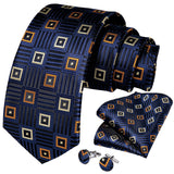 DiBanGu 8cm Blue Plaid Paisley Dot 100% Silk Men Tie Business Formal Wedding Party Necktie Hanky Cufflinks Set Mens Ties Gift