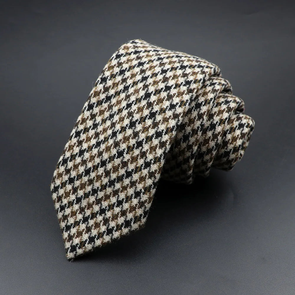 Classic Brown Grey Plaid Striped Wool Necktie Narrow Collar Slim Cashmere Tie For Man Suit Party Casual Accessory Cravat Gift