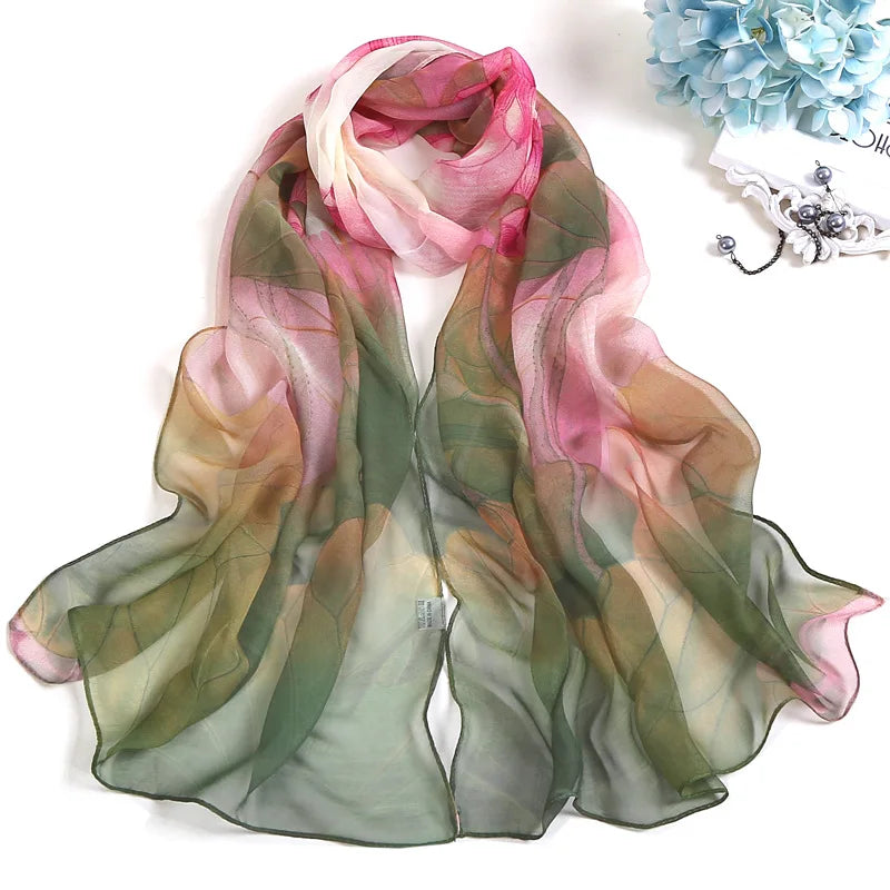 Multiple Colour Gradient Color Rose Flower Chiffon Georgette Scarf Women Foulard Lotus Leaf Long Shawl Summer Bandana Elegant