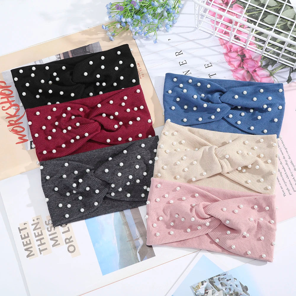 AWAYTR Women's Headbands Pearls Head Bands Knitted Turban Bandana Autumn Winter Elastic Hairband Warm Hair Accessories Headdress