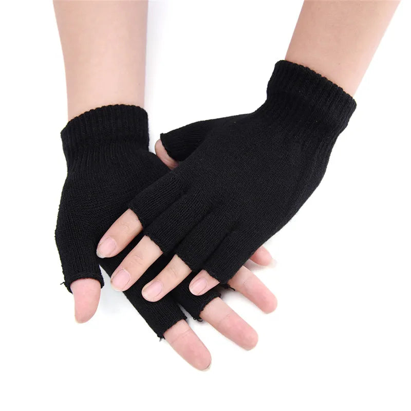 1Pair Black Half Finger Fingerless Gloves For Women And Men Wool Knit Wrist Cotton Gloves Winter Warm Workout Gloves