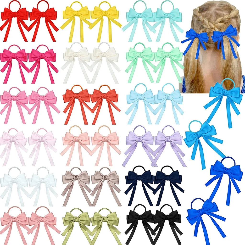2PCS Elastic Hair Ties Rings Boutique Fabric Fringes Bows Grosgrain Ribbon Ponytail Holder Rubber Hair Bands Hair Accessories