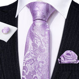 Male Gift Silk Men Tie Set Purple Violet Solid Paisley Striped Wedding Business Tie for Man Necktie Handky Cufflinks Barry.Wang