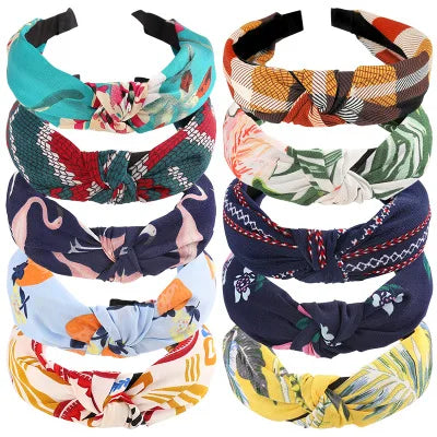 Women Elegant Top Knot Headband Print Dot Hairbands Girls Striped Plaid Flower Hair Hoop Fashion Hair Accessories FG0320