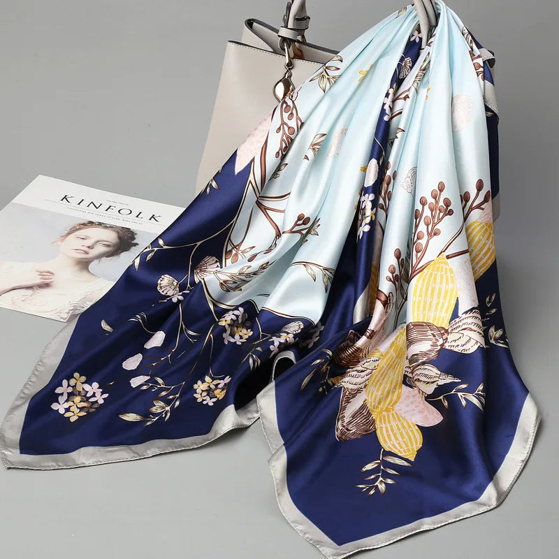 Wholesale Fashion Floral Print Kerchief Silk Satin Shawls and Wraps Hijab Scarfs Female 90cm*90cm Square Bag Scarves For Ladies