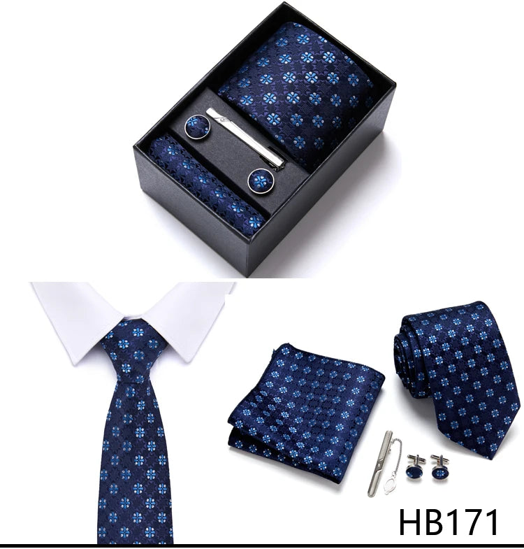 Brand Wholesale Tie Pocket Squares Cufflink Set Necktie Blue Striped Man Wedding Accessories Fit Workplace Holiday Gift Box